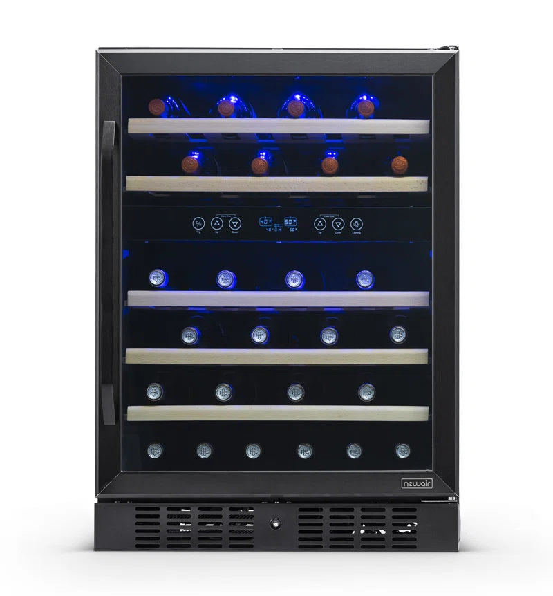 24” Built-In 46 Bottle Dual Zone Wine Cooler with Removable Beechwood Shelves in Black Stainless Steel