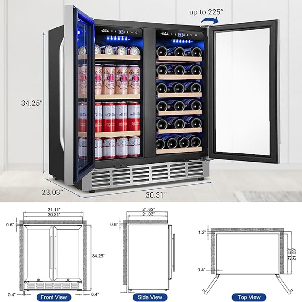 Wine and Beverage Refrigerator 30 Inch, Upgrade Dual Zone Wine Cooler, 30'' Wine beverage Fridge Built in or Freestanding Under Counter Large Capacity Glass Door Advanced Cooling System