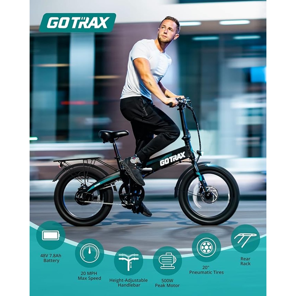Gotrax 20" Folding Electric Bike with 40Miles (Pedal-assist1) by 48V Battery, 20Mph Power by Peak 500W, Adult Electric Bicycle with 5 Pedal-Assist Levels& LCD Display, Suitable for Commuting