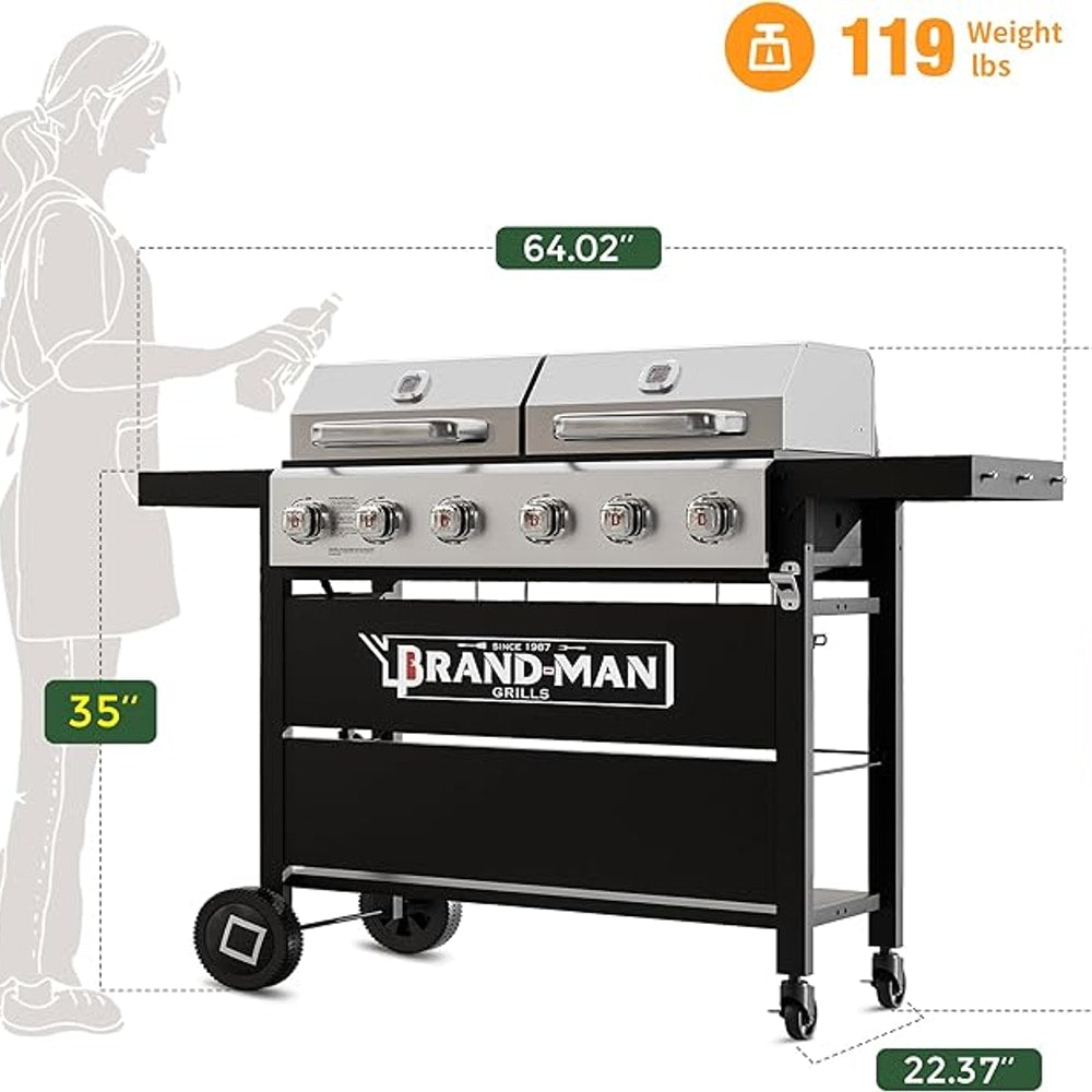 Brand-Man Griddle Grill Combo 6-Burner, 2 in 1 Versatile Propane Gas Grill and Griddle with Double Stainless Steel Lids, BBQ Combo for Outdoor Kitchen & Backyard Barbecue Cooking
