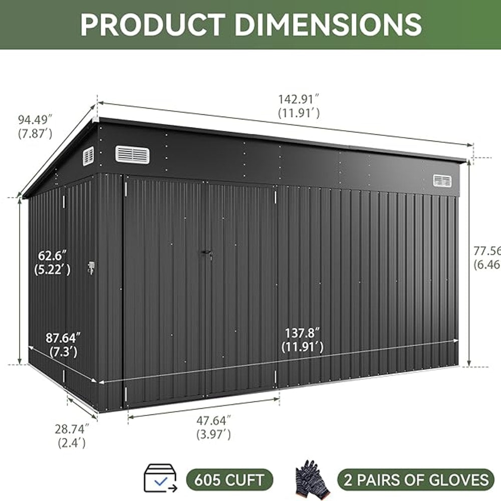 Aoxun 12' x 7.3' Shed 441 CU.FT Outdoor Waterproof Storage Shed with Triple Lockable Door Garden Metal Tool Shed for Outside (Black)