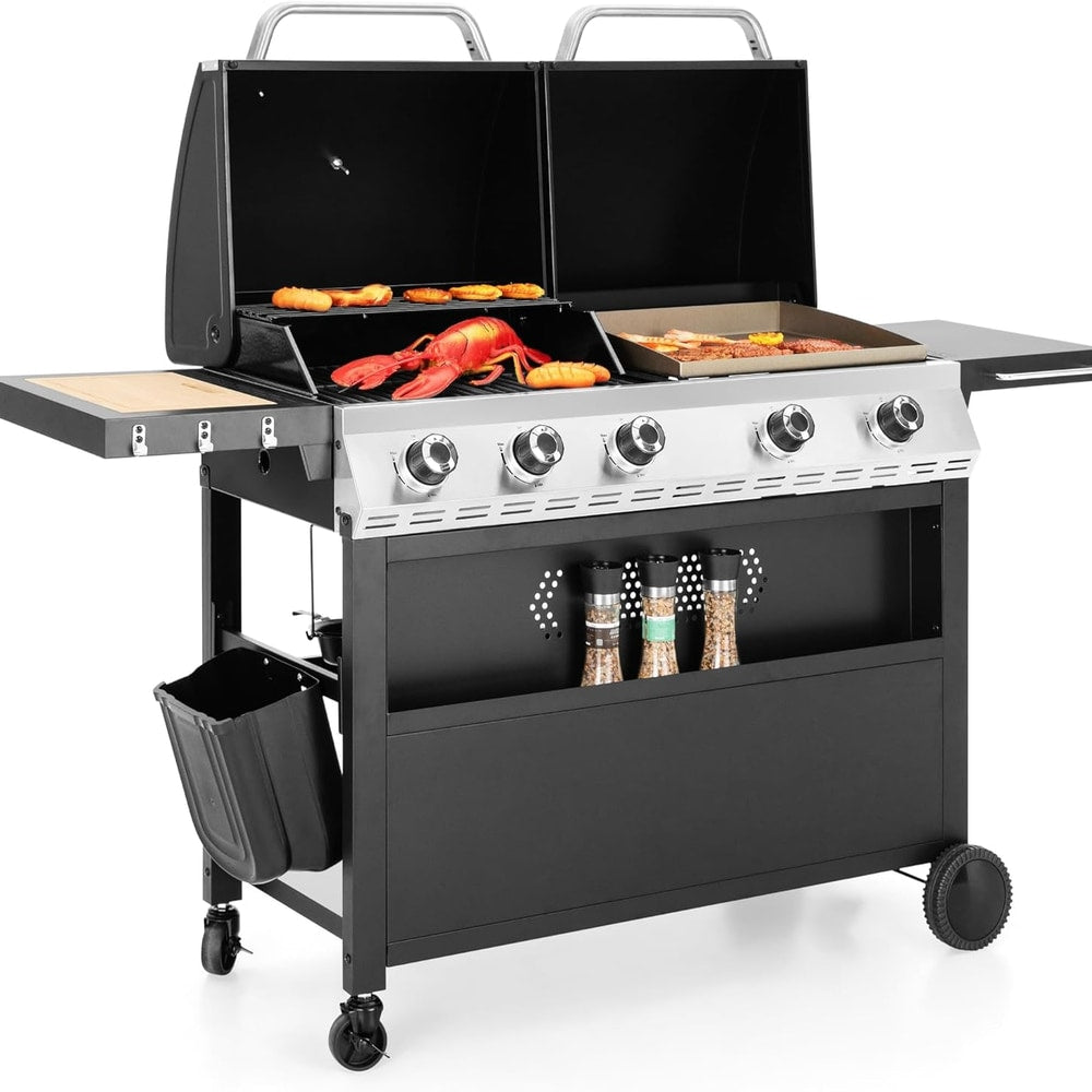 Captiva Designs Propane Gas Griddle Grill Combo with Porcelain-Enameled Cast Iron Grate & Cast Iron Pan, Dual BBQ Grill With Flat Top Griddle for Outdoor Kitchen & Backyard Barbecue,696 SQIN Cook Area