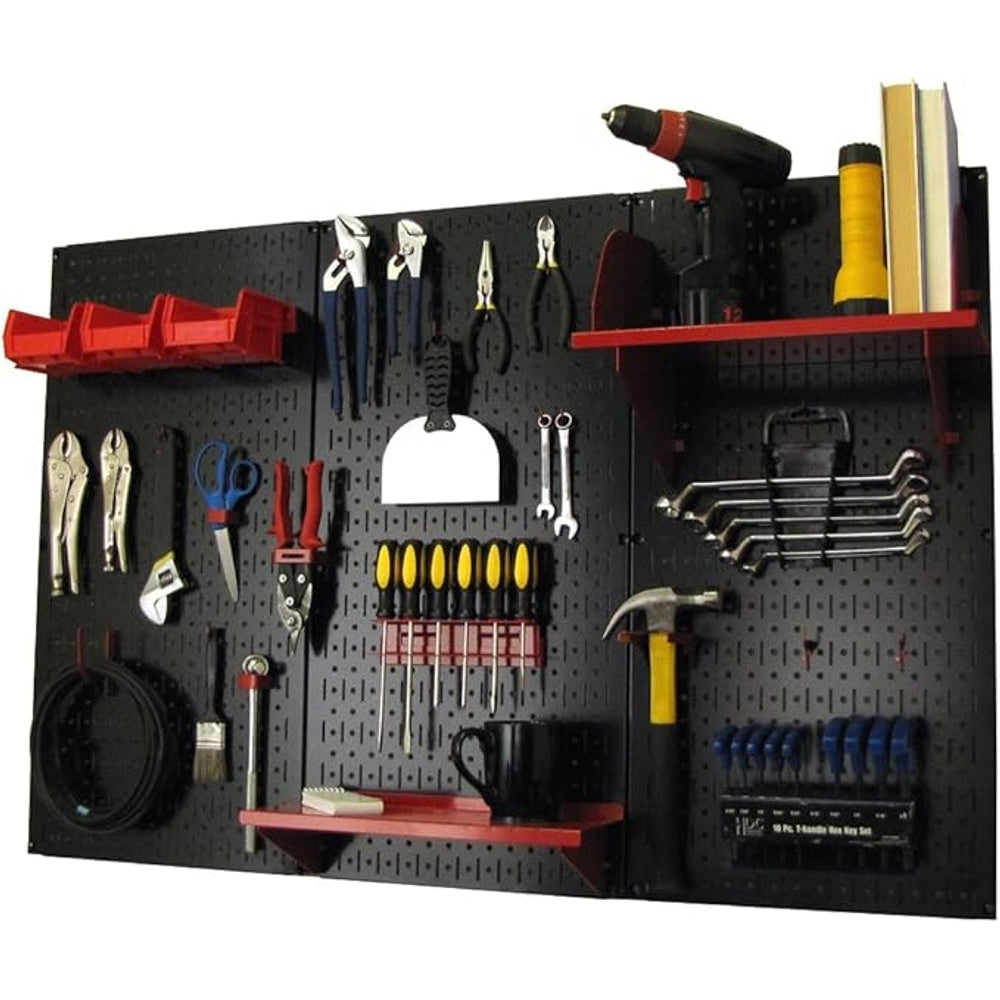 Wall Control Pegboard Organizer 4 ft. Metal Pegboard Standard Tool Storage Kit with Black Toolboard and Red Accessories