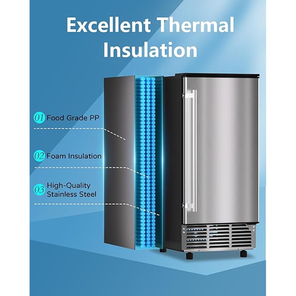 Commercial Ice Maker Machine Reversible Door 120LBS/Day, Undercounter Ice Makers 30LBS Storage Bin and 40 Ice Cubes, Icemaker Machine Brushed Metal with Water Line, Ice Scoop