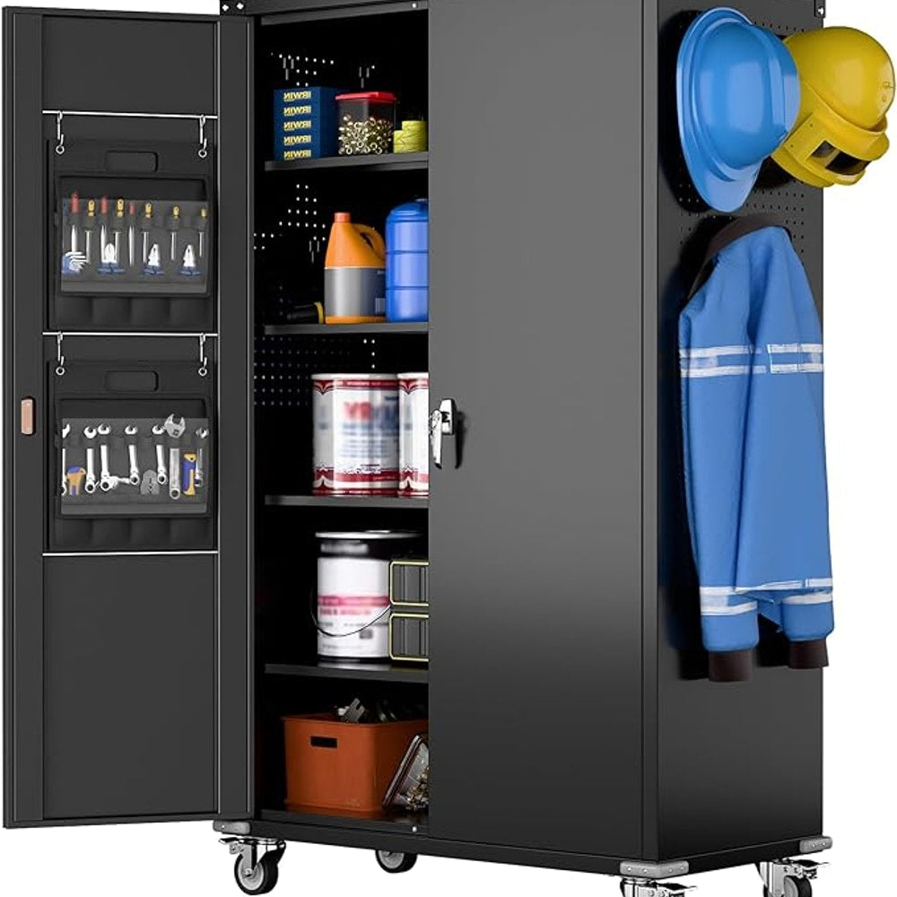 Upgraded Wide & Deep Extra Large Metal Storage Cabinet on Wheels,Lockable Garage Cabinets with 3 Pegboards,2 Tool Pouches for Garage,Office,Assembly Required,Black,43.3''W x 21.6''D x 72''H