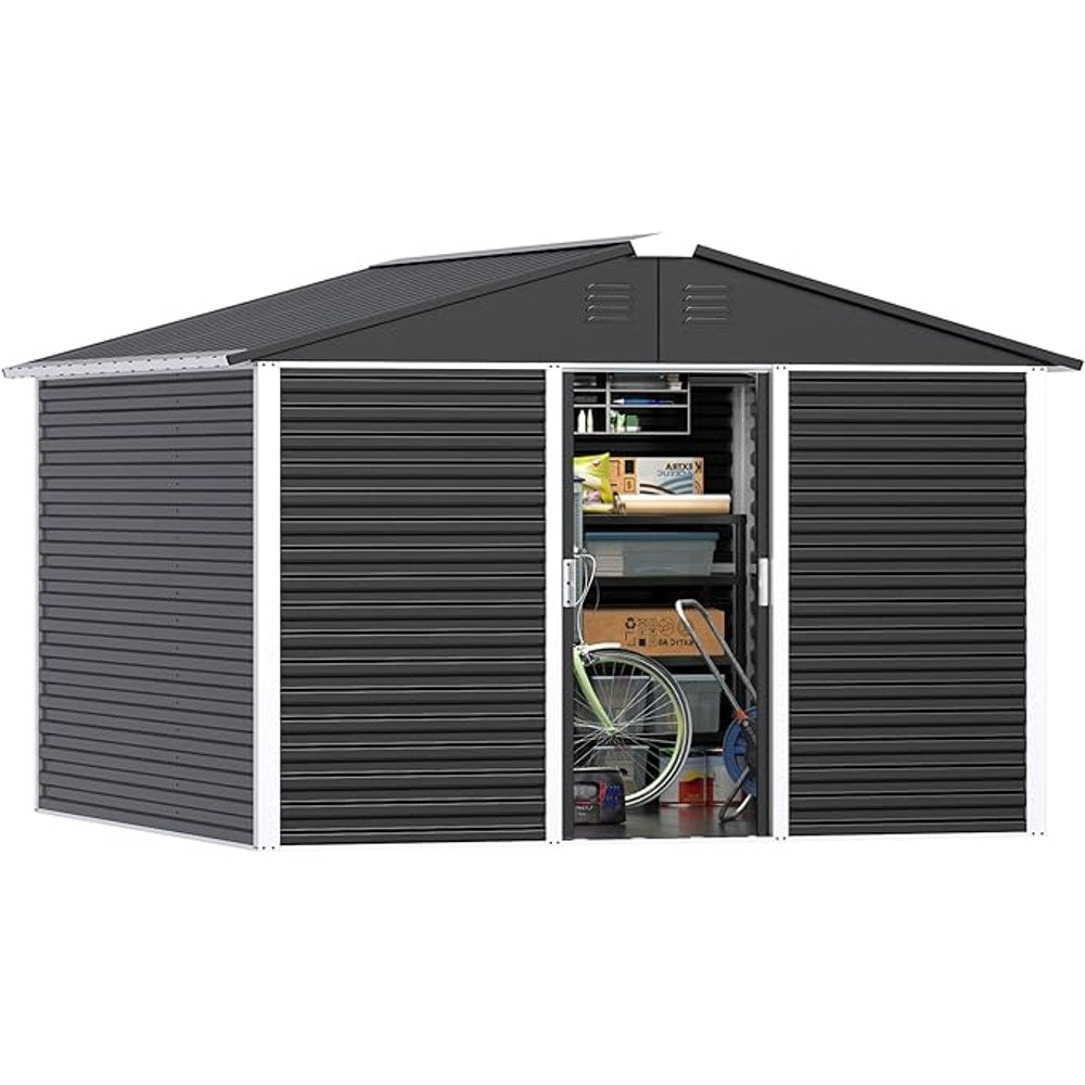 Metal Outdoor Storage Shed 10FT x 10FT, Steel Utility Tool Shed Storage House with Sliding Door, Metal Sheds Outdoor Storage for Backyard Garden Patio Lawn, Black