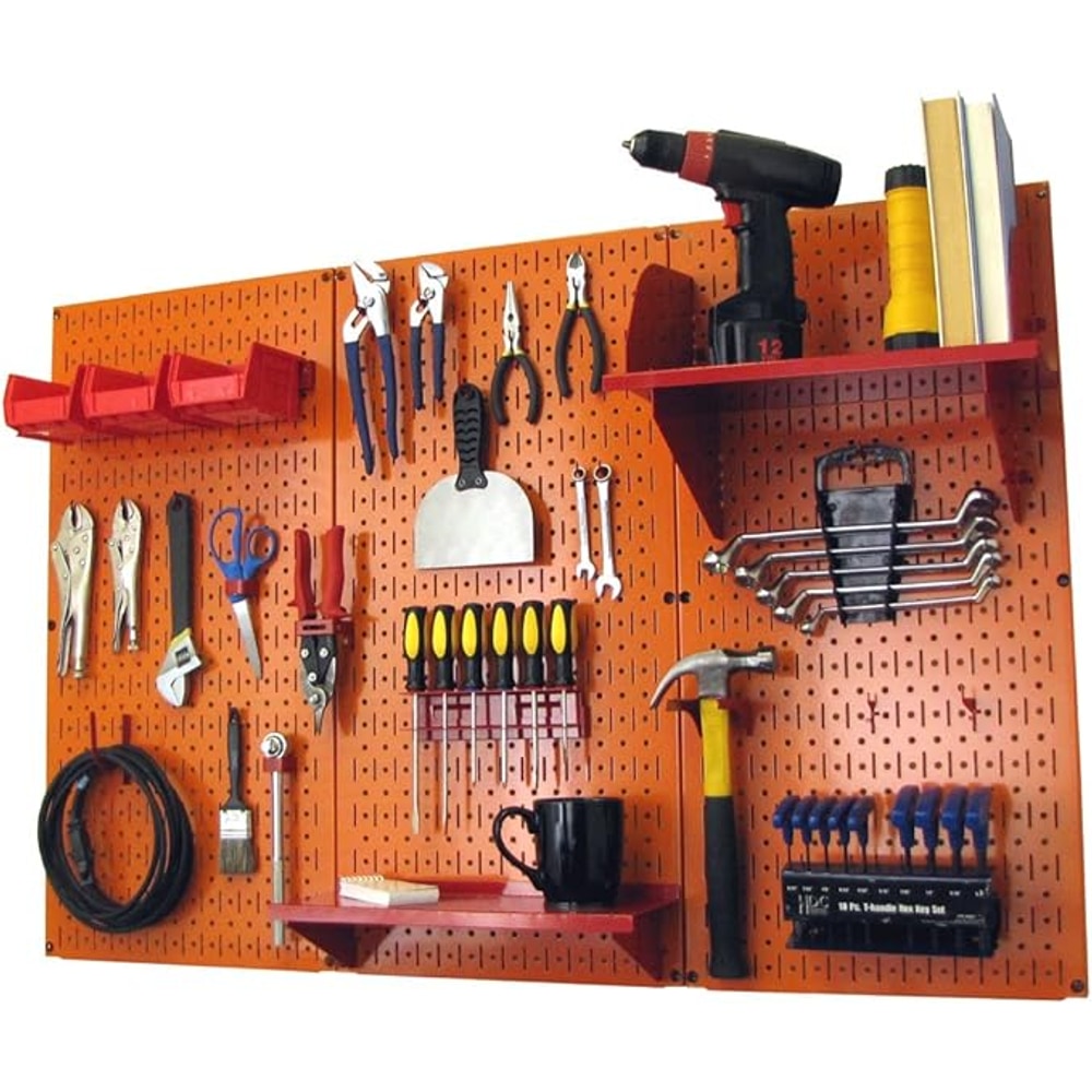 Wall Control Pegboard Organizer 4 ft. Metal Pegboard Standard Tool Storage Kit with Orange Toolboard and Red Accessories