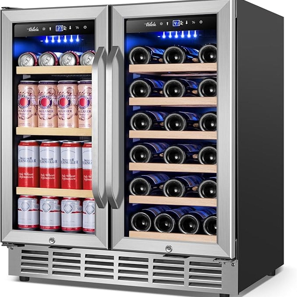 Wine and Beverage Refrigerator 30 Inch, Upgrade Dual Zone Wine Cooler, 30'' Wine beverage Fridge Built in or Freestanding Under Counter Large Capacity Glass Door Advanced Cooling System