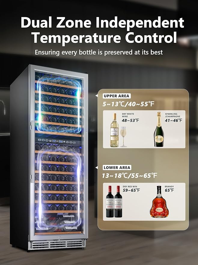 154 Bottle Wine Refrigerator, 24 Inch Wine Fridge Dual Zone with Adjustable Shelf, Wine Cooler with Double Pane Glass Door, Advanced Temp Control, Low Noise, Wide Large Wine Cooler Refrigerator