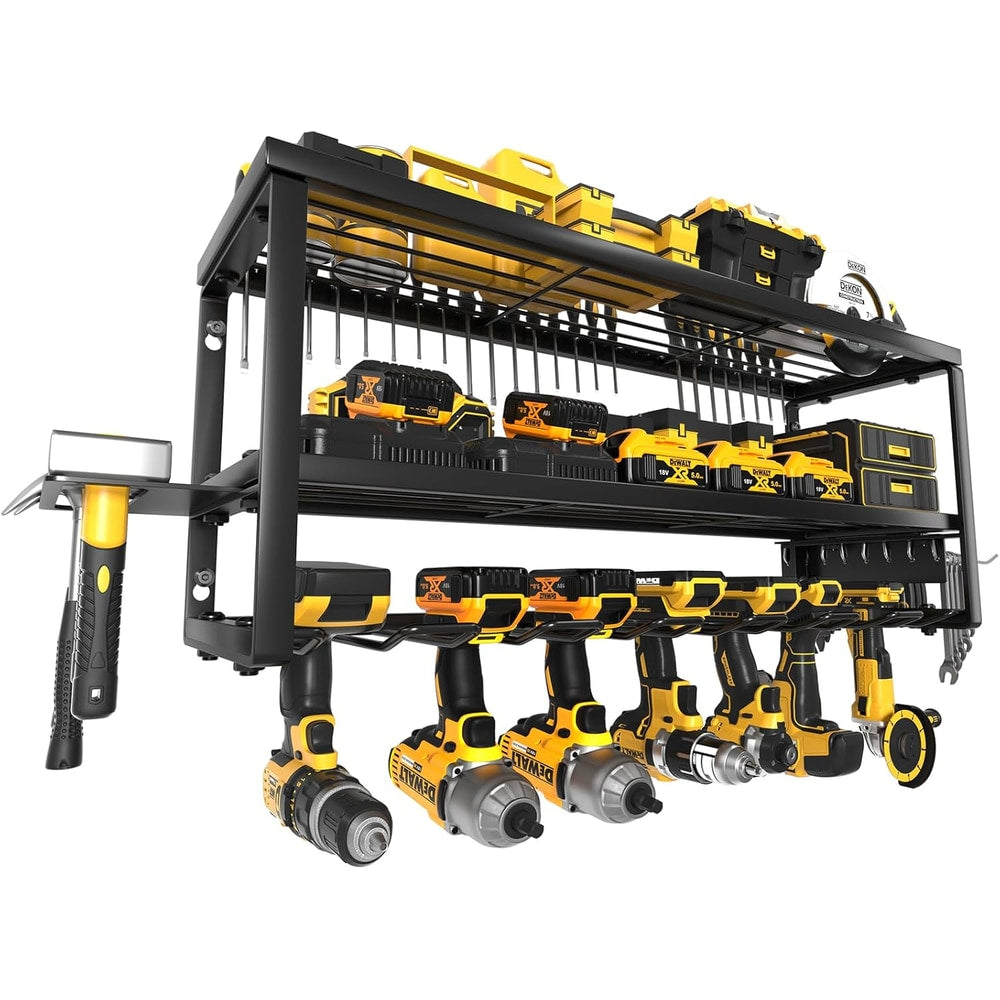 Power Tool Organizer Wall Mount for Tool Storage, Heavy Duty 7 Slots Cordless Drill Holder and Battery Shelf, Metal Tool Holder and Storage Rack with Charging Station for Garage Organization