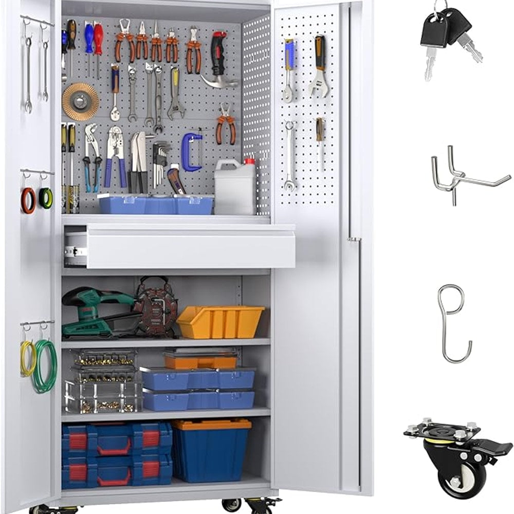 Garage Storage Cabinet with Locking Doors and 2 Adjustable Shelves, 71" H Metal Rolling Tool Storage Cabinet with Wheels, Drawer, Pegboard and 16 Hooks for Garage, Warehouse, White and Gray