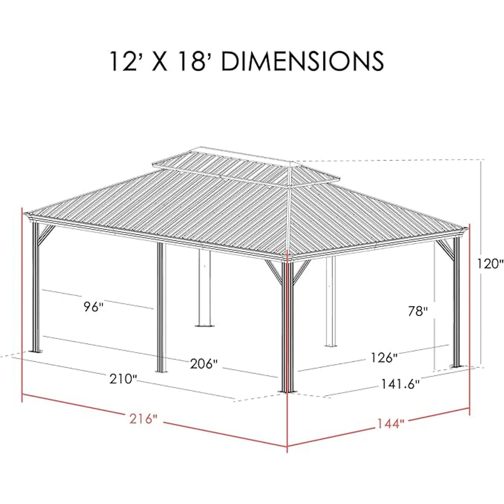 Kozyard Alexander 12' X 18' Hardtop Permanent Aluminum Metal Gazebo with Galvanized Steel Double Roof Canopy, Curtain and Netting, Gazebo Pavilion for Patio, Backyard, Deck, Lawn (Brown)