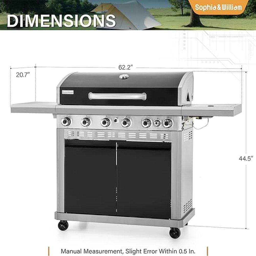Sophia & William 6-Burner Propane Gas BBQ Grill with Side Burner & Porcelain-Enameled Cast Iron Grates, Gas Grill Griddle Combo for Outdoor Cooking, Barbecue Events, 740 SQ.IN. Cooking Area, Black