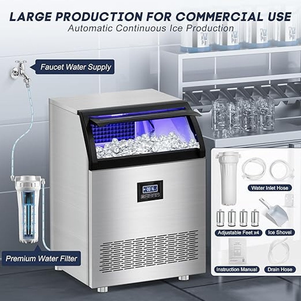 Commercial Ice Maker Machine 360LBS/24H with 80LBS Storage Bin, 126PCS Ice Cubes Ice Machine Stainless Steel Undercounter/Freestanding Ice Maker for Home Bar Outdoor, Self Cleaning