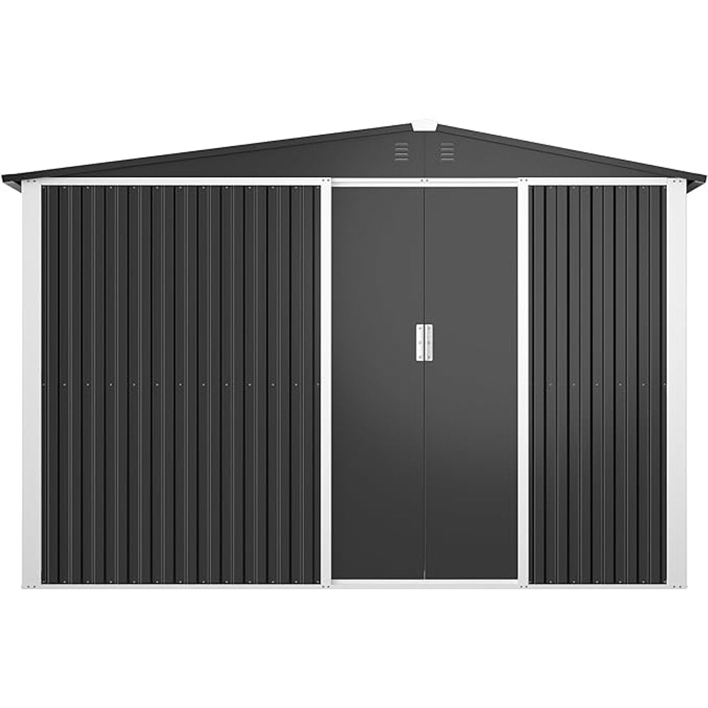 Metal Outdoor Storage Shed 10FT x 6FT with Firewood Storage, Steel Utility Tool Shed Storage House with Sliding Door, Metal Sheds Outdoor Storage for Backyard Garden Patio Lawn, Black