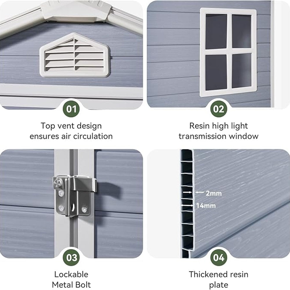 Aoxun 6X8 FT Resin Outdoor Storage Shed with Floor, Plastic Garden Shed with Lockable Door and Window, Tools House to Store Patio Furniture, Bike Accessories, Garbage Can and Lawn Mower - Grey