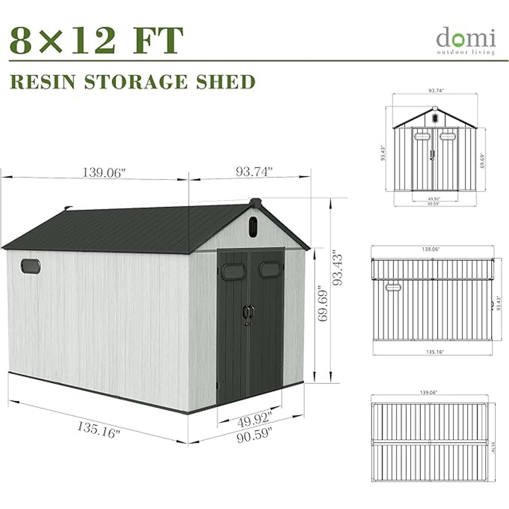 Domi 8x12FT Outdoor Resin Storage Shed with Transparent Windows & Louvered Vents, Plastic Tool Shed with Double Lockable Doors & Gable Roof, Outside Garden Shed for Backyard, Patio, Lawn, Grey