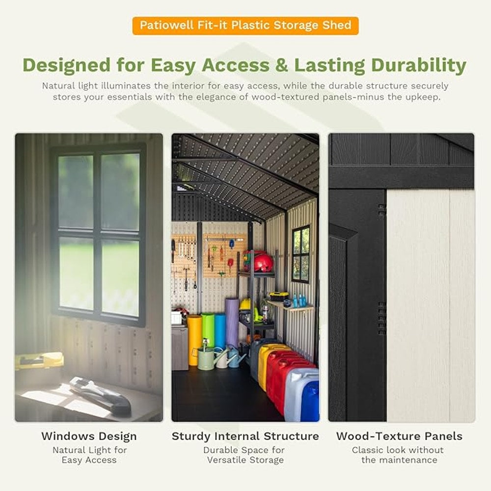 Patiowell 8 x 10 FT Resin Outdoor Storage Shed with Floor and Light, Large Plastic Barn with Lockable Door for Garden Tools, Backyard, Bike Storage, Easy Installation in Beige (Kick-it Shed)