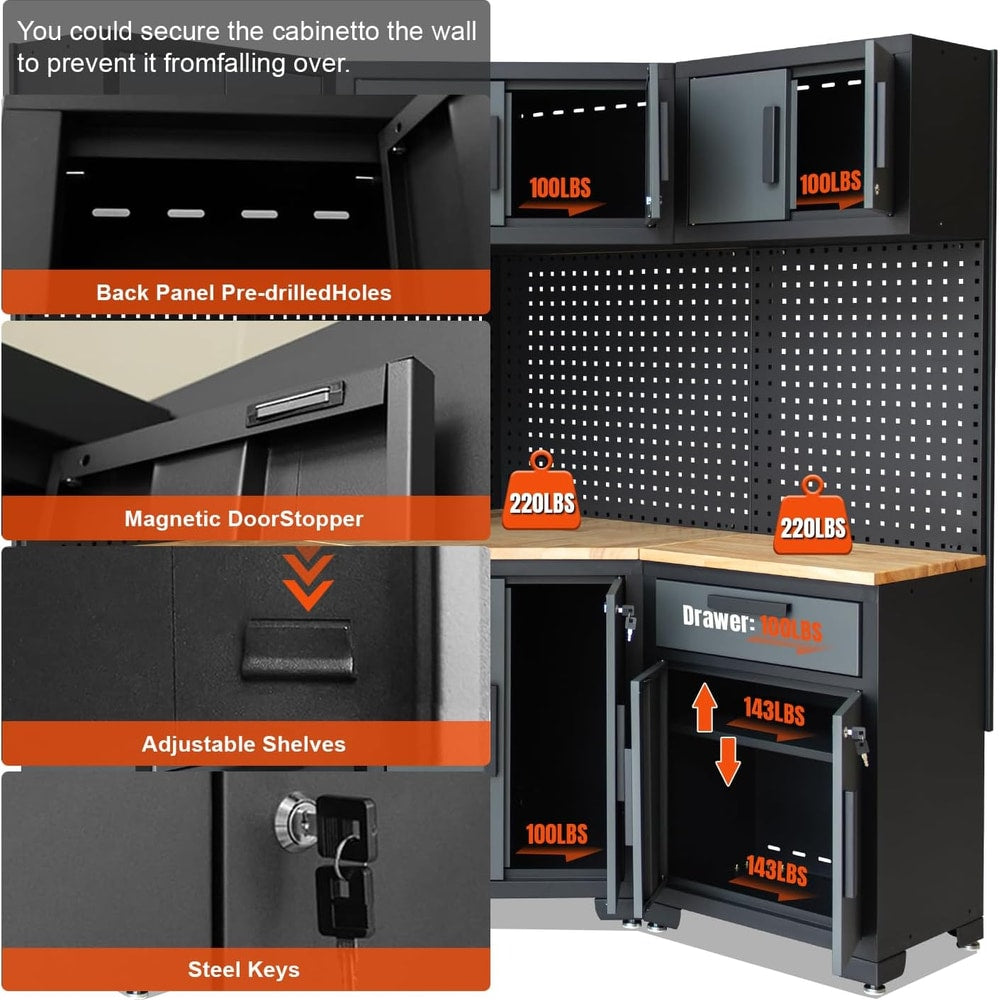 Garage Storage Cabinet System - 8-Piece Set with Corner Cabinet, Drawers, Workbench, Pegboard for Tool Organization - Black and Grey