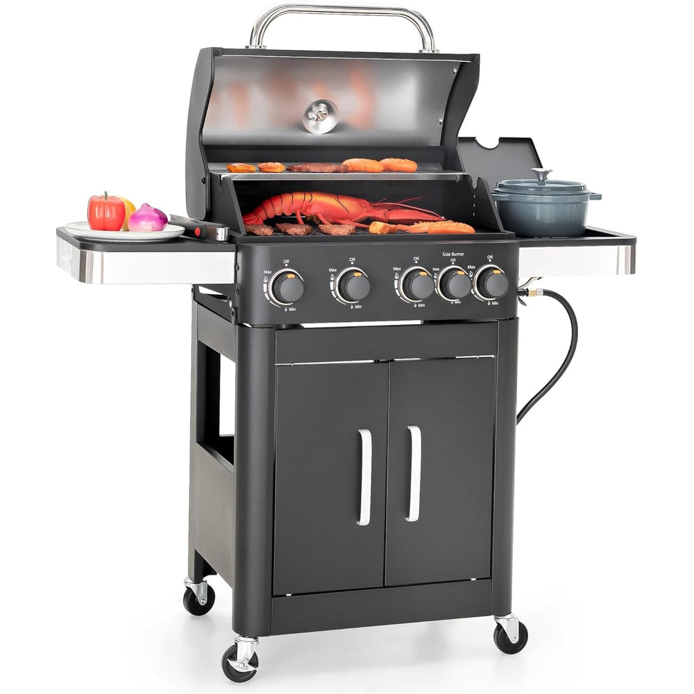 Captiva Designs 4-Burner Propane Gas BBQ Grill with Side Burner & Porcelain-Enameled Cast Iron Grates, 46,700 BTU Output for Outdoor Cooking Kitchen and Patio Backyard Barbecue, Black