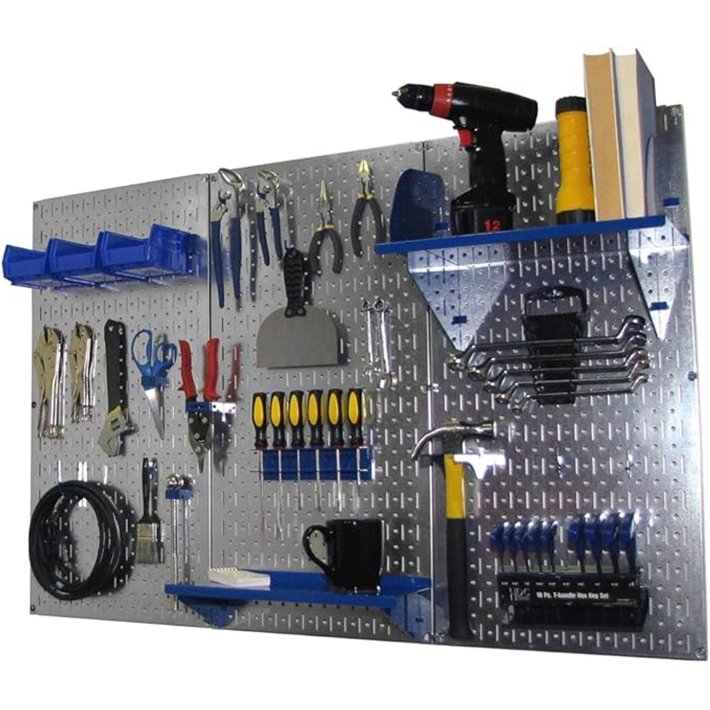 Wall Control Pegboard Organizer 4 ft. Metal Pegboard Standard Tool Storage Kit with Galvanized Toolboard and Blue Accessories