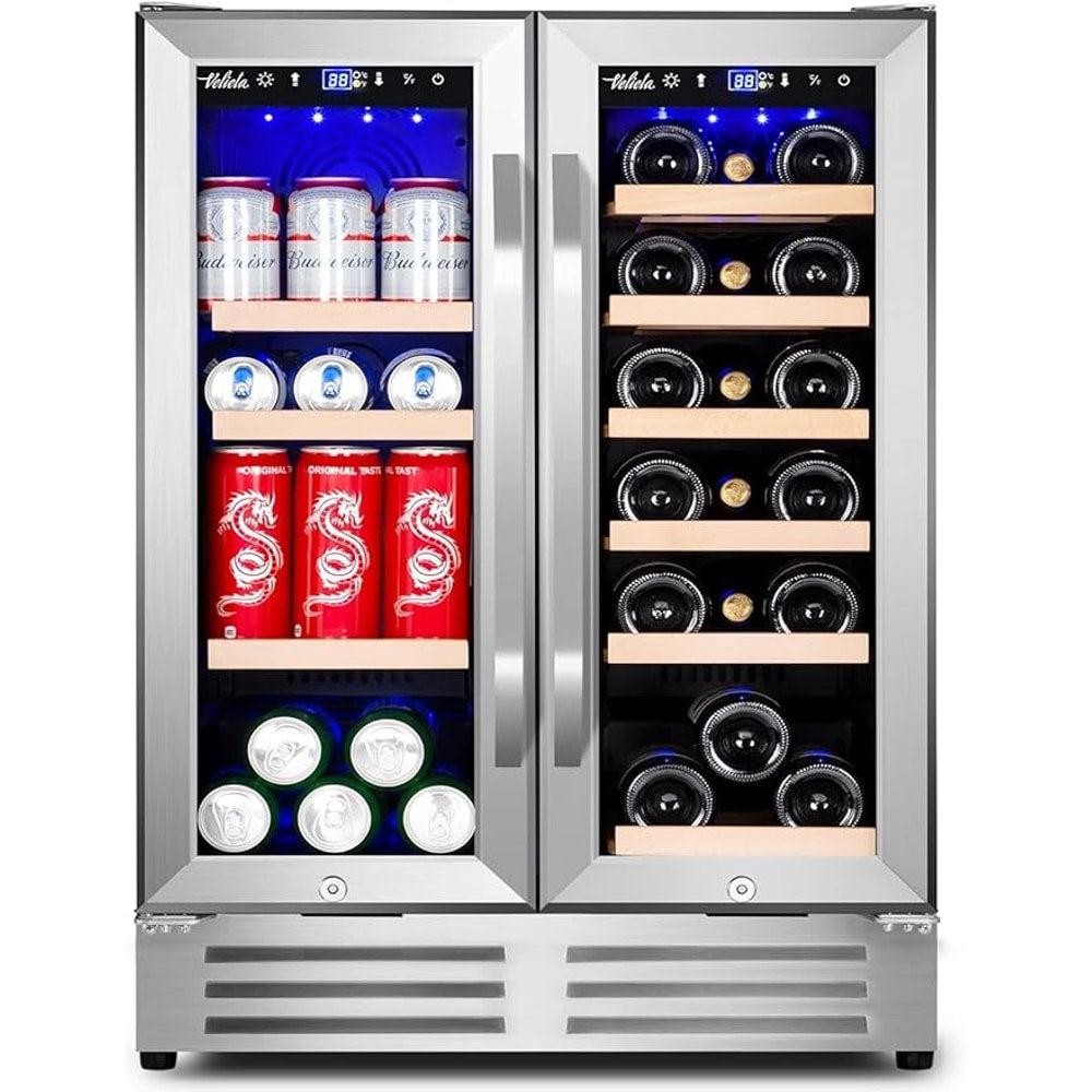 Wine and Beverage Refrigerator, 24 Inch Dual Zone Fridge with Glass Door, Built-In Cooler with Powerful and Quite Cool System/18 Bottles and 88 Cans Capacity Bverage Cooler