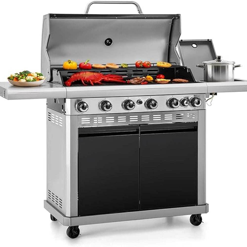 Captiva Designs 6-Burner Propane Gas BBQ Grill with Side Burner & Porcelain-Enameled Cast Iron Grate and Plate for Outdoor Barbucue Events, 52,000 BTU Output,740 SQ.IN. Cooking Area，Heavy Duty