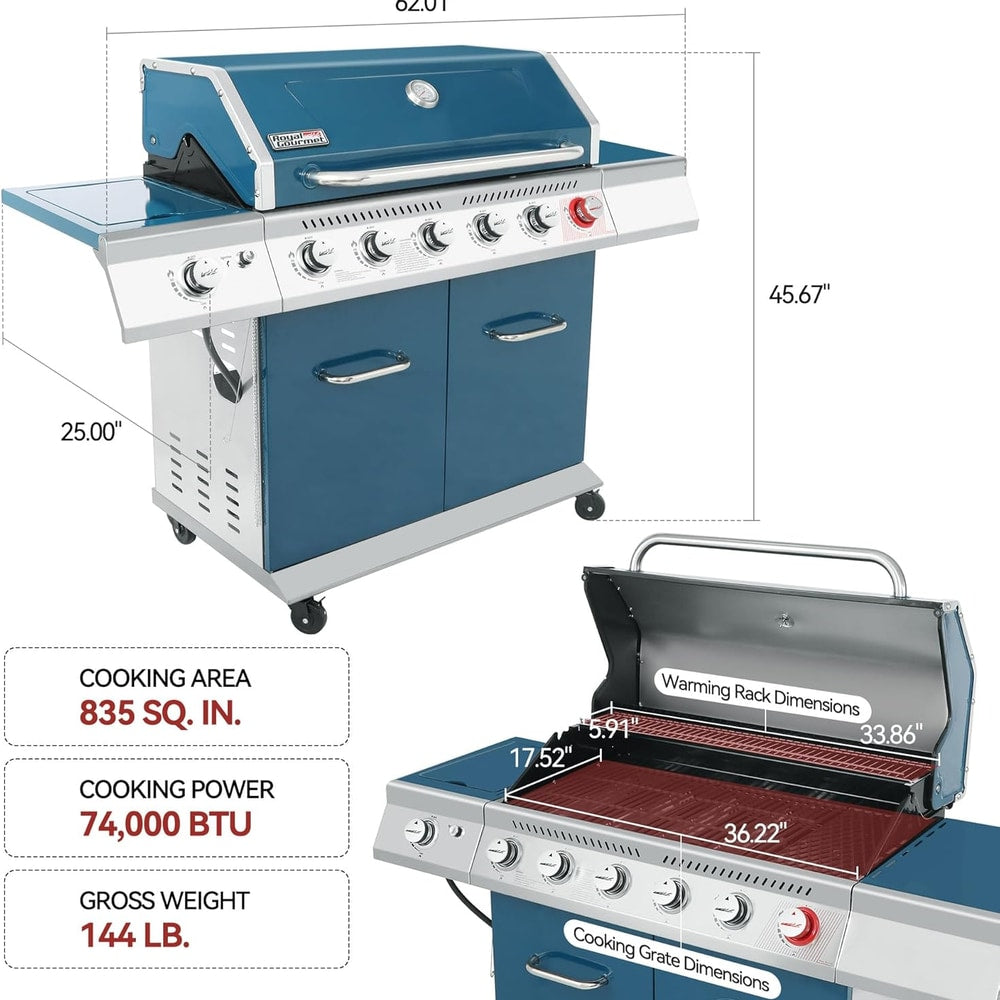 Royal Gourmet GA6402B 6 Burner Propane Gas Grill with Side Burner and Warming Rack, 74,000 BTUs, Cabinet Style Gas BBQ Grill for Barbecue Grilling & Backyard Cooking, Blue