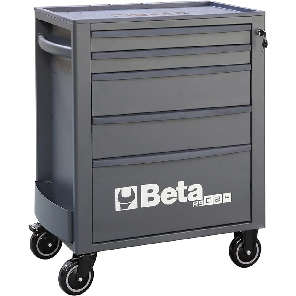 Beta RSC24 Heavy Duty Rolling Tool Cabinet, 5 Drawers, Grey, Ball Bearing Slides, Rubber Mat Liners, 5" Casters, Anti-Fall Edge Worktop, 1760 lbs Load Capacity, Made in Italy