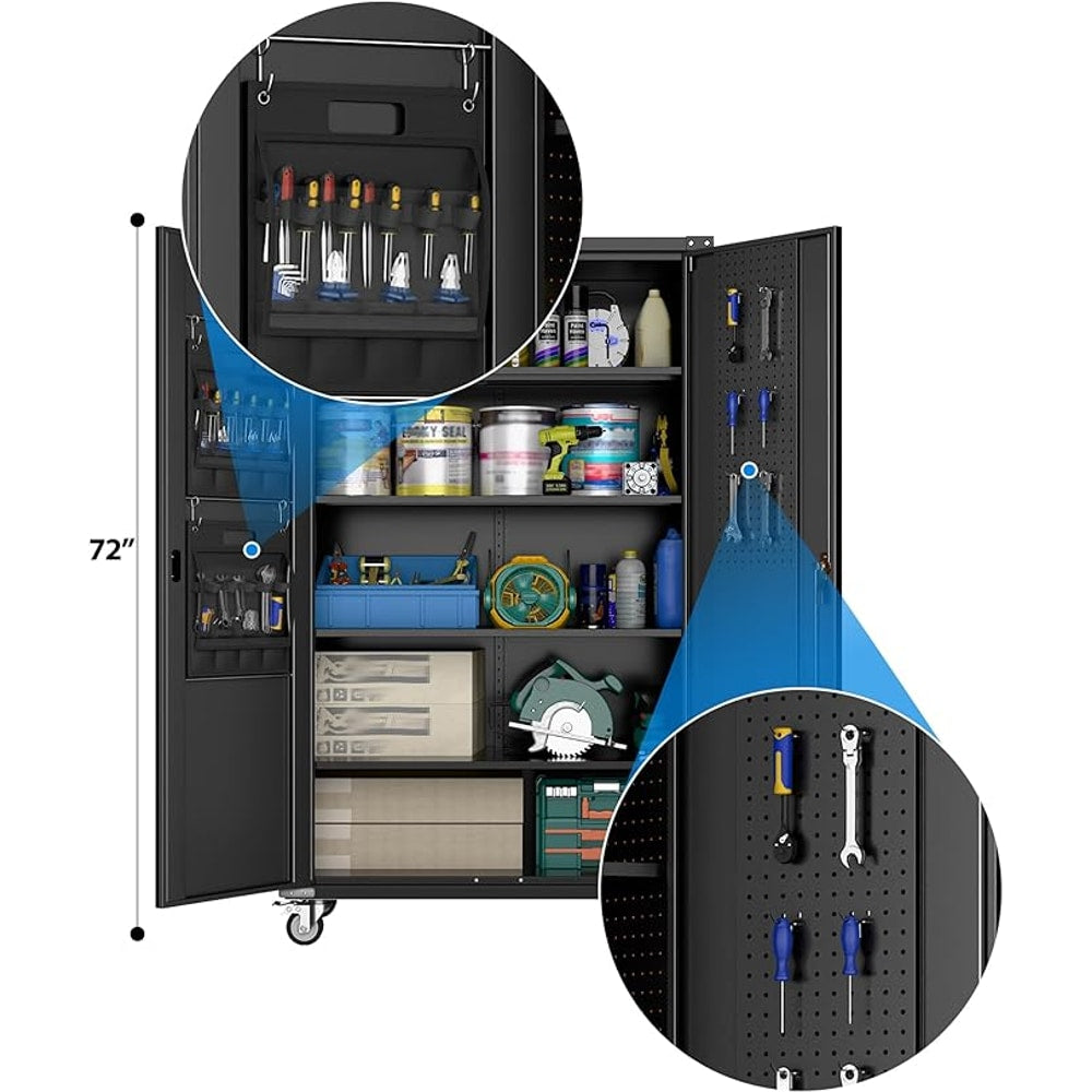 Upgraded Wide & Deep Extra Large Metal Storage Cabinet on Wheels,Lockable Garage Cabinets with 3 Pegboards,2 Tool Pouches for Garage,Office,Assembly Required,Black,43.3''W x 21.6''D x 72''H