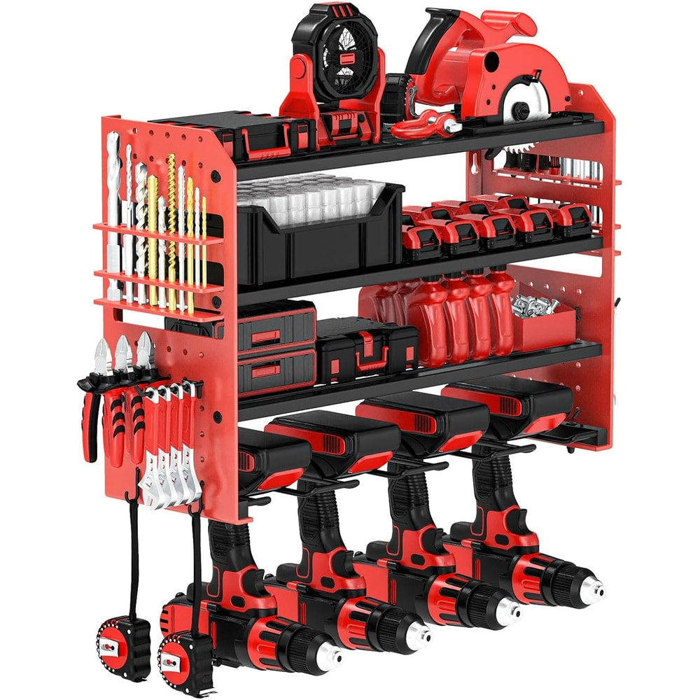 Power Tool Organizer Wall Mount, Red Metal Power Tool Storage Rack with Screwdriver Holder, Garage Tool Storage Shelves with Screwdriver Holder Plier Holder (Red, 4 Drills Holder)