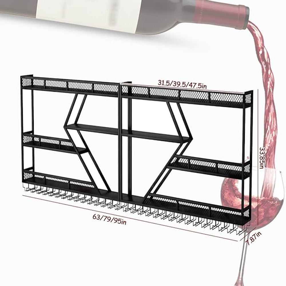 Wall Mounted Wine Rack with Glass Holder, 3-Tier Metal Storage Shelf, Black Diamond Design, Wine Bottle Display with Stemware Storage (Black, 63in/160cm)