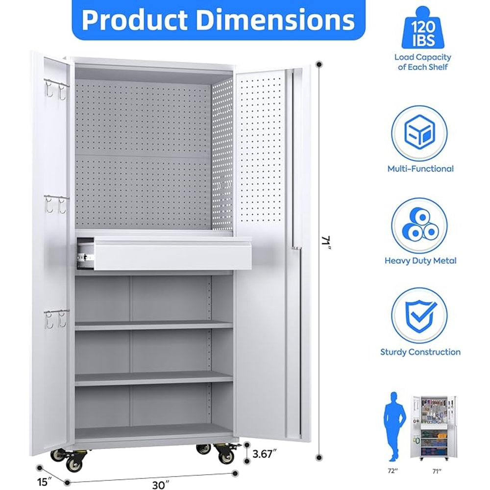 Garage Storage Cabinet with Locking Doors and 2 Adjustable Shelves, 71" H Metal Rolling Tool Storage Cabinet with Wheels, Drawer, Pegboard and 16 Hooks for Garage, Warehouse, White and Gray