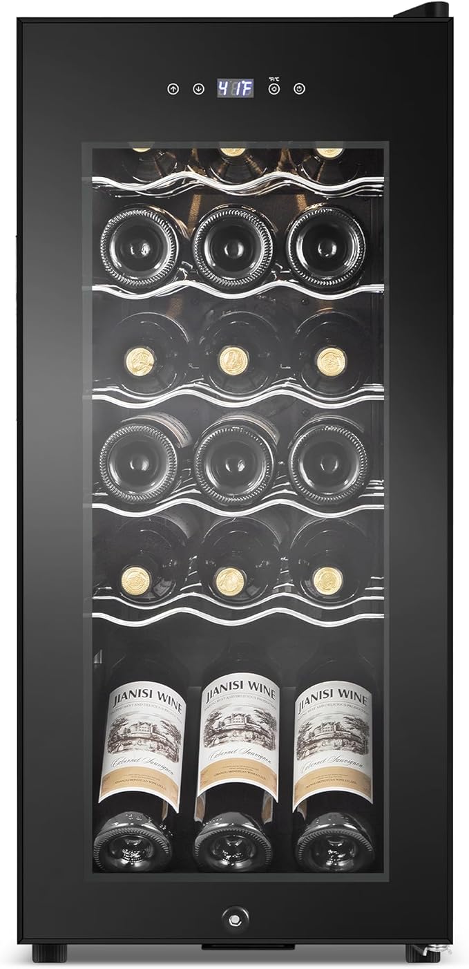 Wine Cooler Refrigerator 18 Bottles, Small Wine Fridge Mini Wine Fridge Countertop with Glass Door Wine Cellars for Red Wine, Champagne, Dry White Wine, Sparkling Wines