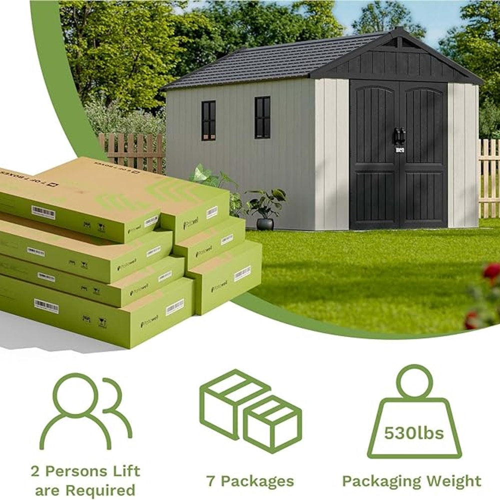 Patiowell 8 x 12 FT Plastic Outdoor Storage Shed with Floor, Resin Shed with Window and Lockable Door for Garden, Backyard, Tool Storage Use, Easy to Install in Beige (Kick-it Shed)