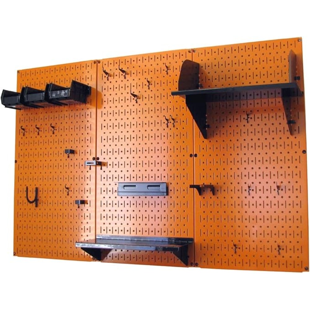 Wall Control 4 ft Metal Pegboard Standard Tool Storage Kit with Orange Toolboard and Black Accessories