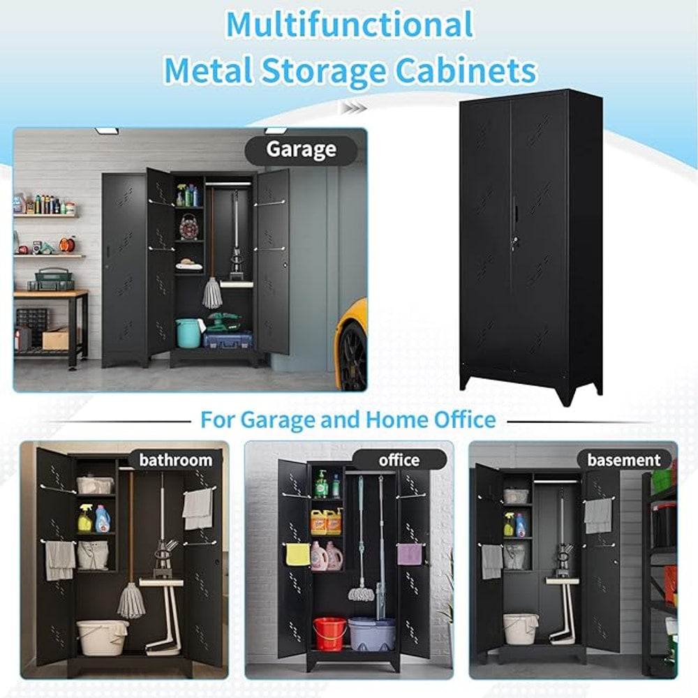 75" Metal Storage Cabinet, Tool Cabinets with Hooks, Garage Storage Cabinet with Lock, Heavy-Duty Tool Cabinet for Utility Room, Gym, Basement, Broom Closet Cabinet, Black