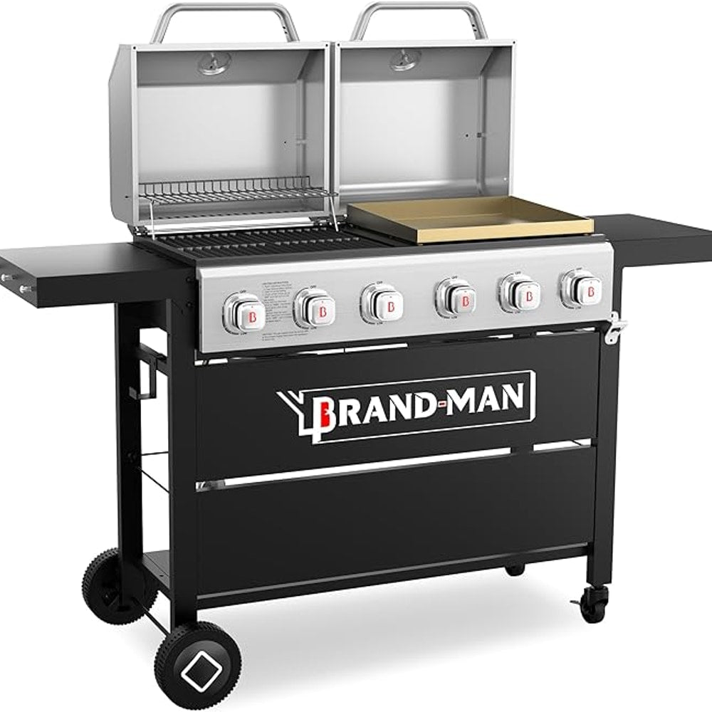 Brand-Man Griddle Grill Combo 6-Burner, 2 in 1 Versatile Propane Gas Grill and Griddle with Double Stainless Steel Lids, BBQ Combo for Outdoor Kitchen & Backyard Barbecue Cooking