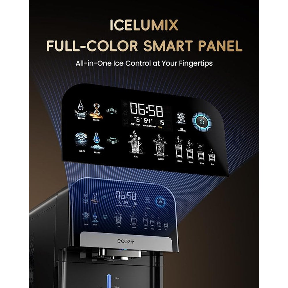 ecozy Nugget Ice Maker Dispenser, Smart 2-in-1 Pebble Ice Machine Countertop & Water Dispenser with App Control, Self-Cleaning, Auto Lighting, TDS Monitor, Measured Dispensing, 33Lbs/Day