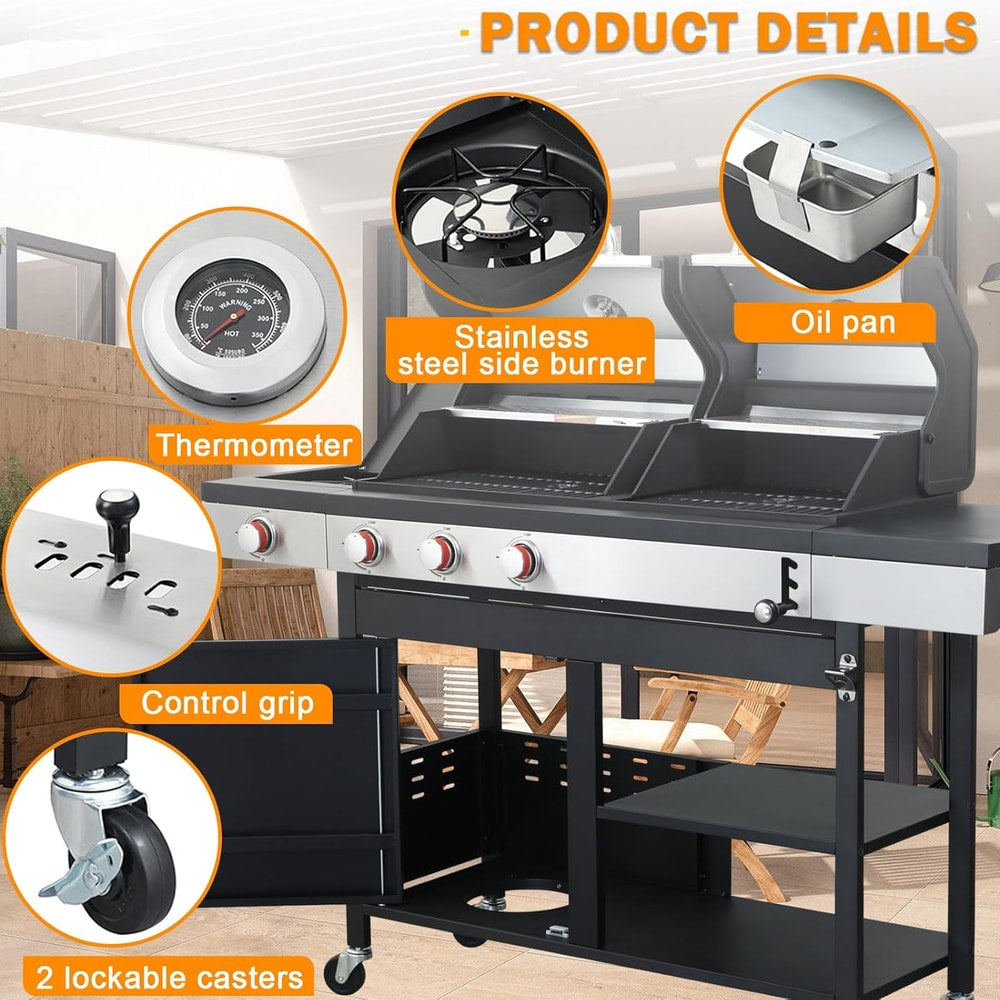 3-Burner Gas and Charcoal Combo Grill with Griddle Plate, 37,230 BTU, Stainless Steel & Enameled Grates, Side Burner + Storage Cabinet for Backyard, Tailgating, Teppanyaki