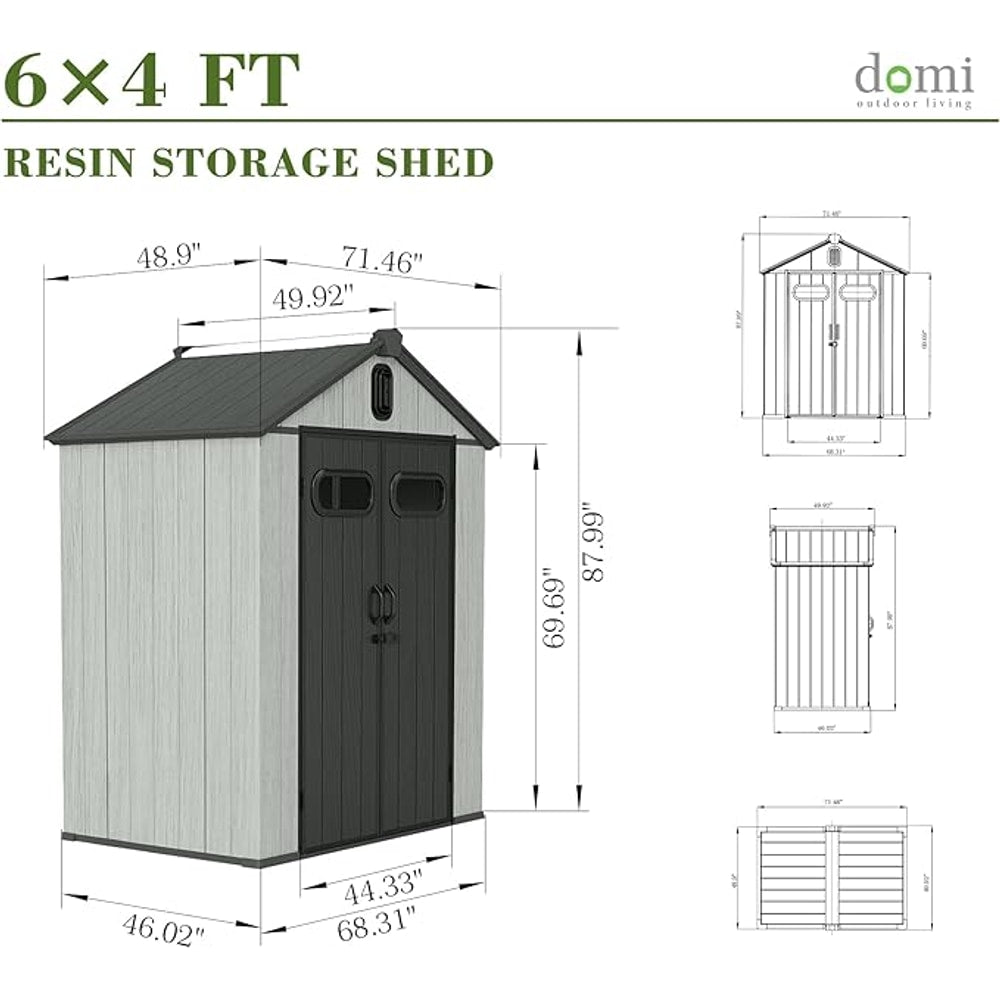 Domi 6x4FT Outdoor Resin Storage Shed with Transparent Windows & Louvered Vents, Plastic Tool Shed with Double Lockable Doors & Gable Roof, Outside Garden Shed for Backyard, Patio, Lawn, Grey