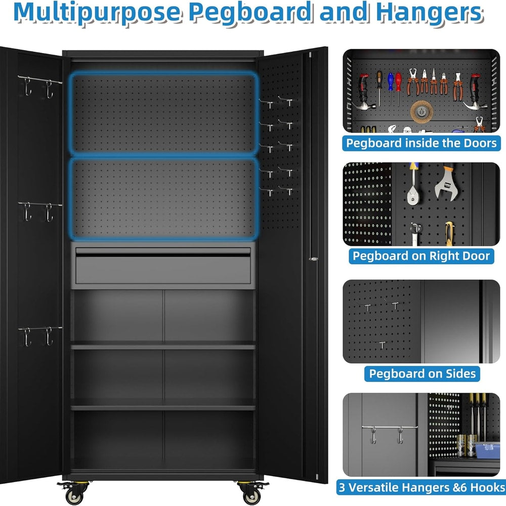 71" H Metal Garage Storage Cabinet with Locking Doors and 2 Adjustable Shelves, Rolling Tool Storage Cabinet with Wheels, Drawer, Pegboard and 16 Hooks for Garage, Warehouse, Black