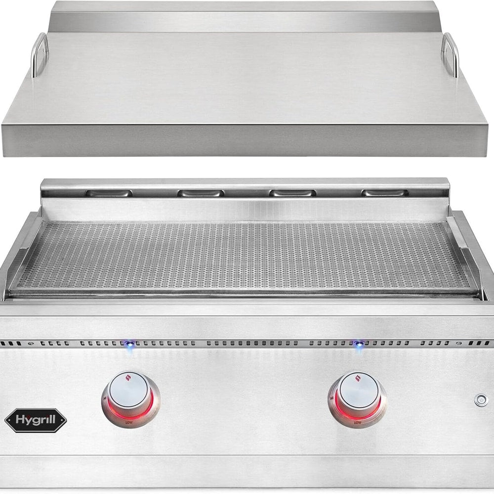 Hygrill 30-Inch Premium Built-In Natural Gas Griddle for Outdoor Kitchen, Durable 304 Stainless Steel 2-Burner Flat Top Grill with Lid and LED lights