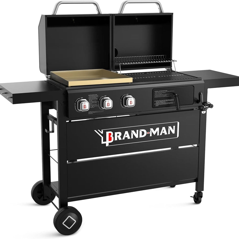Brand-Man Propane Gas and Charcoal Grill Combo,Grill and Griddle Combo Dual Fuel BBQ Grill with Dual Lids for Outdoor Barbecue, Black