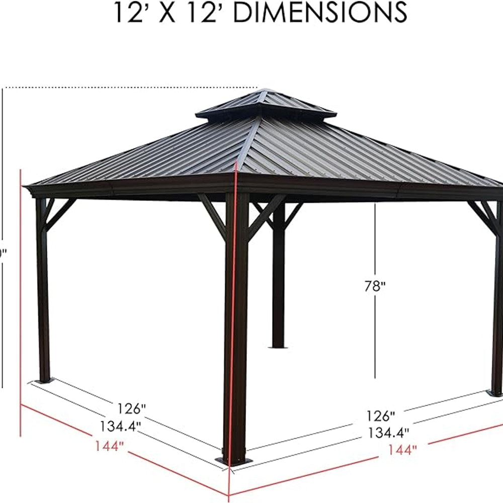 Kozyard Alexander 12' X 12' Aluminum Hardtop Gazebo with Galvanized Steel Double Roof Canopy, Curtain and Netting, Permanent Gazebo Pavilion for Patio, Backyard, Deck, Lawn (Gray)