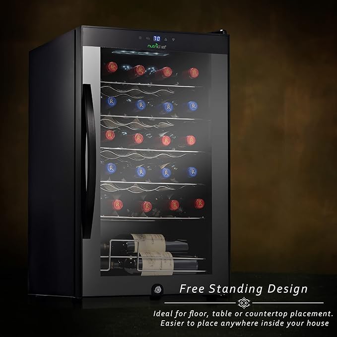 Nutrichef 24 Bottle Wine Fridge | Single Zone Wine Chiller | Adjustable Temperature Control 41°F to 64°F | Ultra Quiet Operation | Wine Cooler For Home & Office | Free Standing 29x16x17 IN