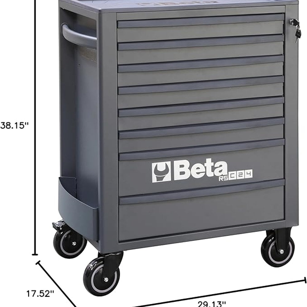 Beta RSC24 Heavy Duty Rolling Tool Cabinet, 8 Drawers, Grey, Ball Bearing Slides, Rubber Mat Liners, 5" Casters, Anti-Fall Edge Worktop, 1760 lbs Load Capacity, Made in Italy