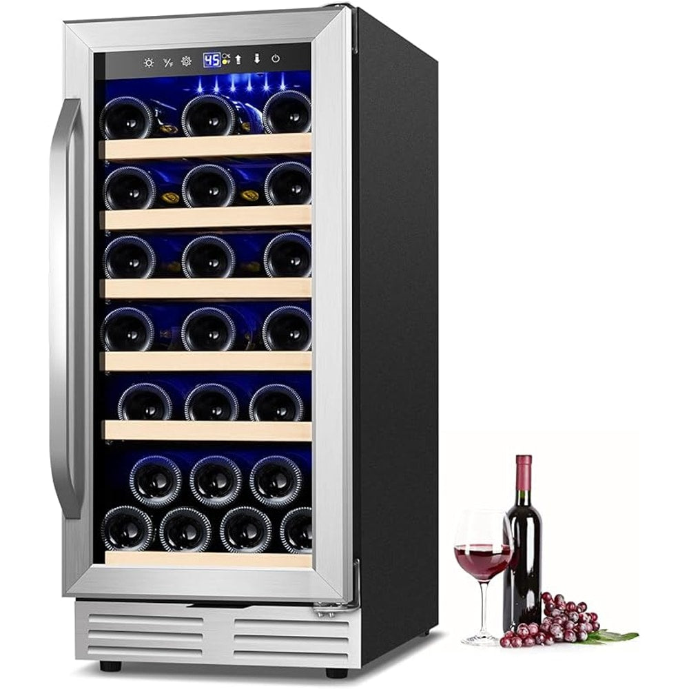15 Inch Wine Fridge 32 Bottles Wine Cooler Refrigerator Undercounter Wine Fridge with Glass Door, LED Light, Removable Wooden Shelves, Built-in or Freestanding Wine Refrigerator for Home Office Bar