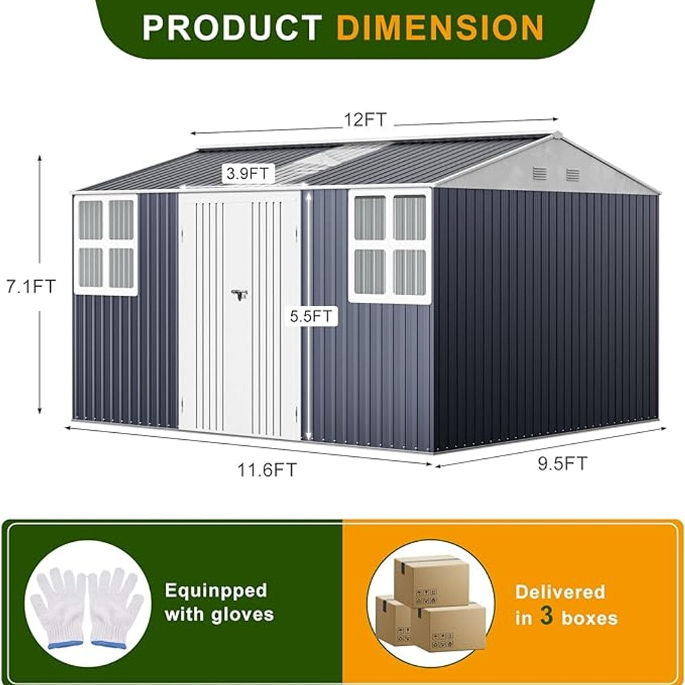 12x10 FT Metal Sheds & Outdoor Storage: Heavy Duty Garden Sheds with Dual Transparent Panels, 2x4-Pane Windows & Hinged Double Doors, Weatherproof Tool Shed for Backyard, Garden, Patio, Grey/White