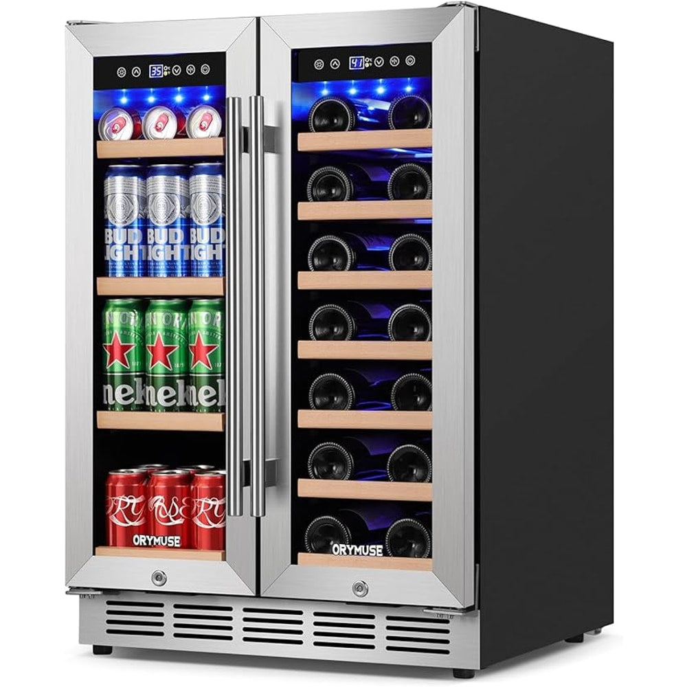 24 Inch Dual Zone Wine and Beverage Refrigerator, Built-in or Freestanding Cooler with French Doors, Drink Fridge with Upgraded Compressor for Beer, Wine, and Soda